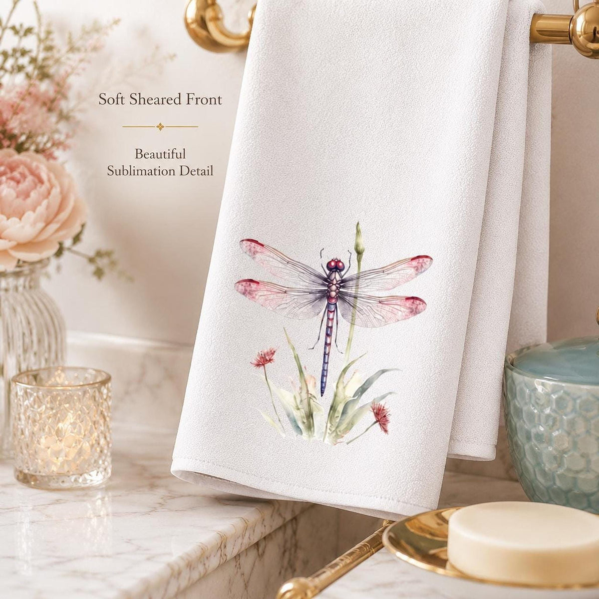 Hand Towel, Dragonfly Design, White Polyester Front, Cotton Terrycloth Back