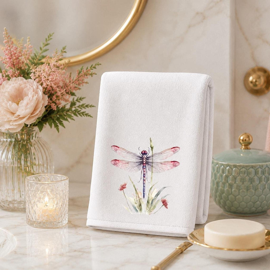 Hand Towel, Dragonfly Design, White Polyester Front, Cotton Terrycloth Back