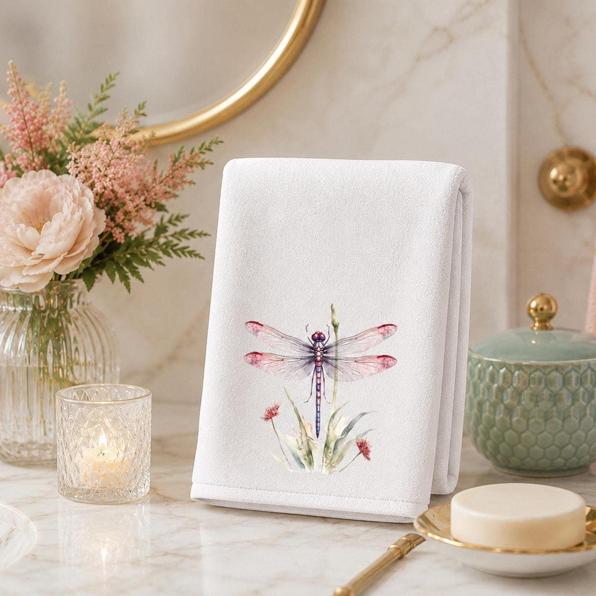 Hand Towel, Dragonfly Design, White Polyester Front, Cotton Terrycloth Back