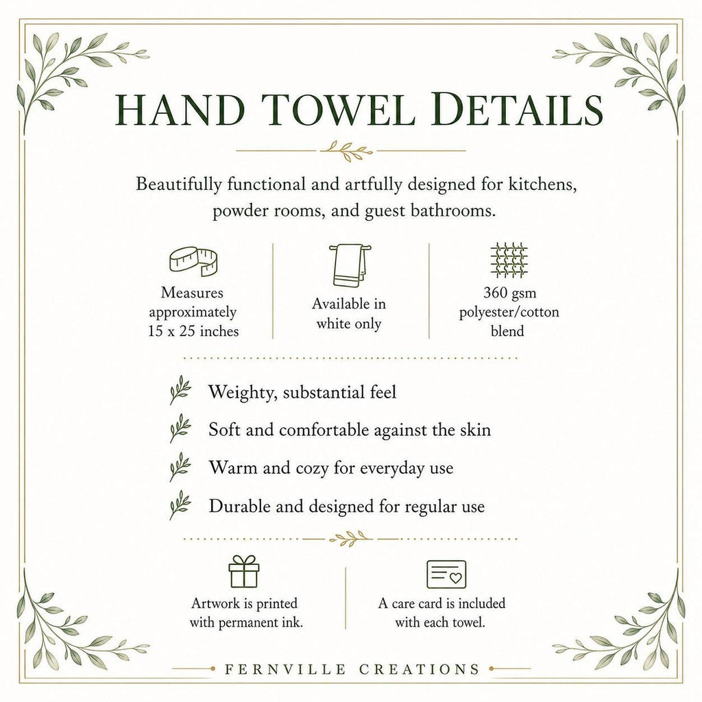 Hand Towel, White With Black Botanical Design, Polyester Front Cotton Terry Back