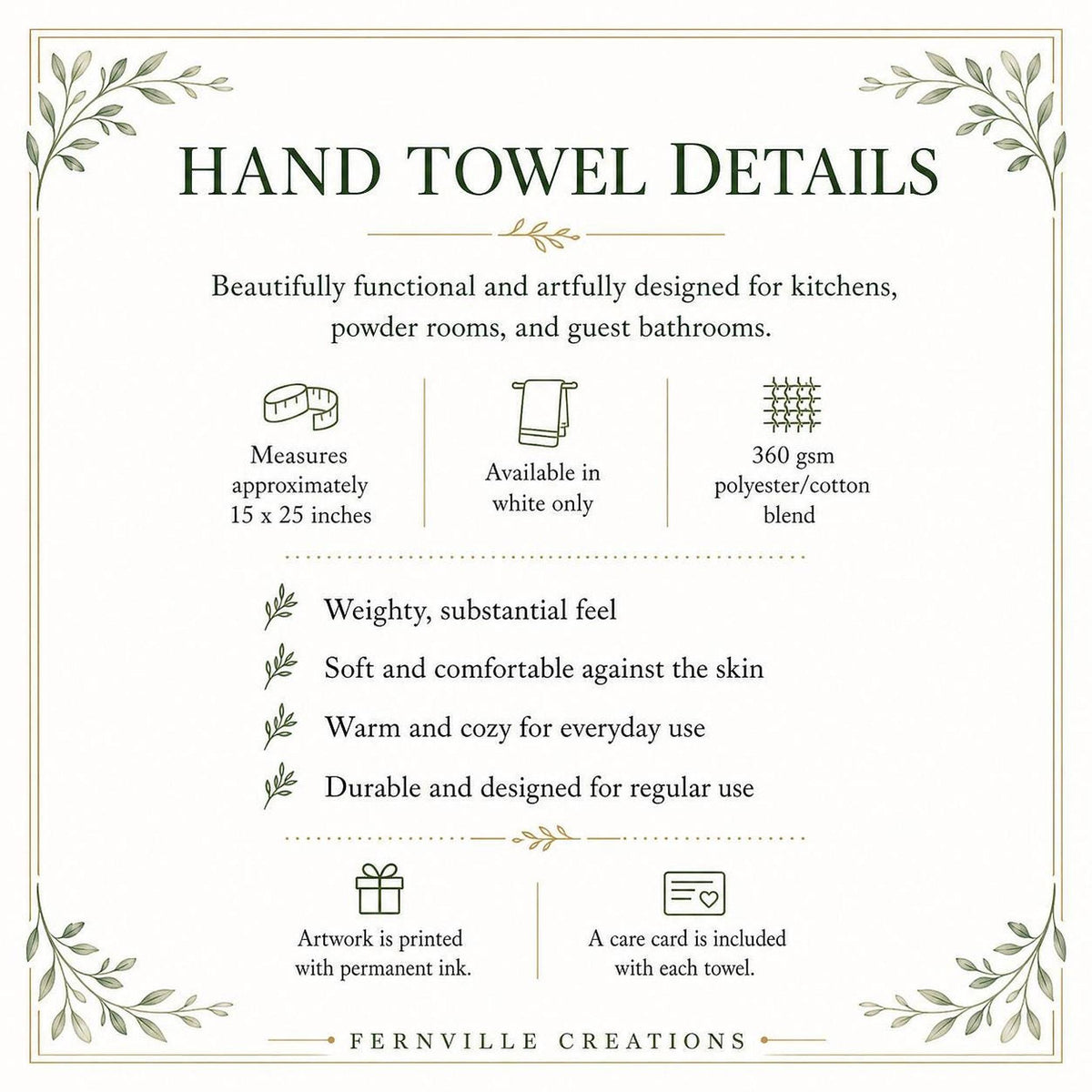 Hand Towel, White With Black Botanical Design, Polyester Front Cotton Terry Back