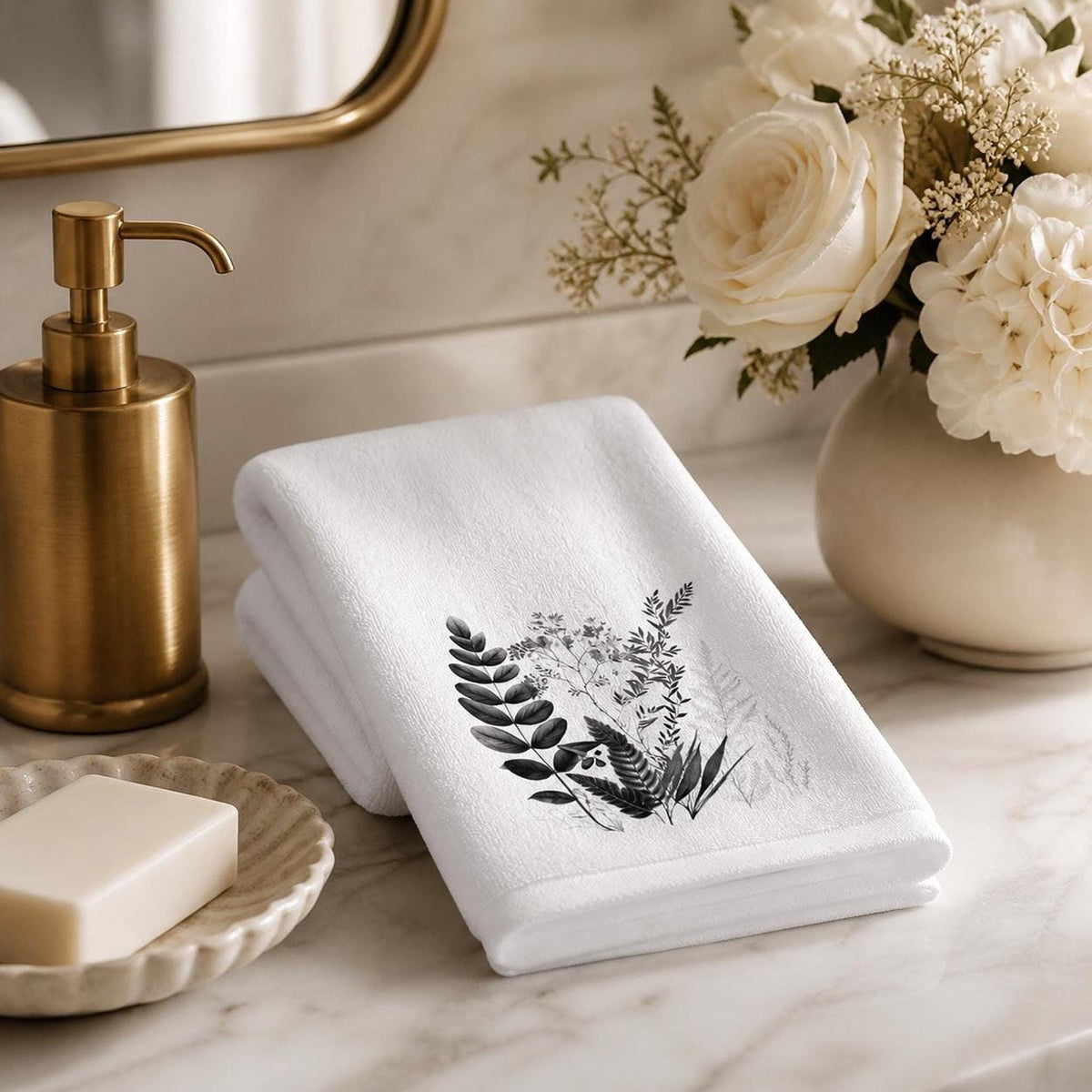 Hand Towel, White With Black Botanical Design, Polyester Front Cotton Terry Back