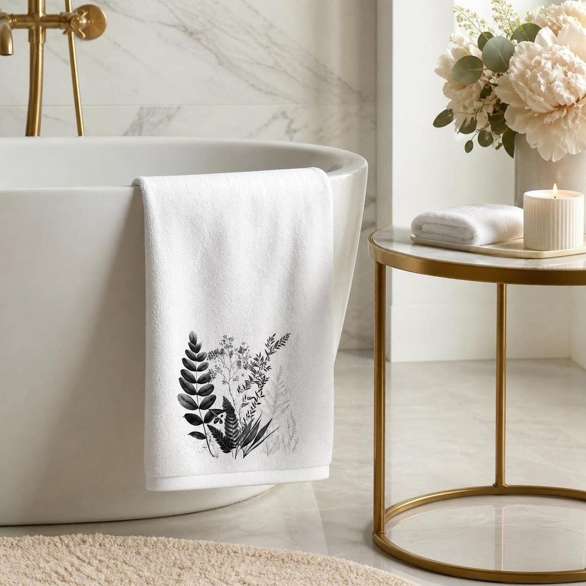 Hand Towel, White With Black Botanical Design, Polyester Front Cotton Terry Back