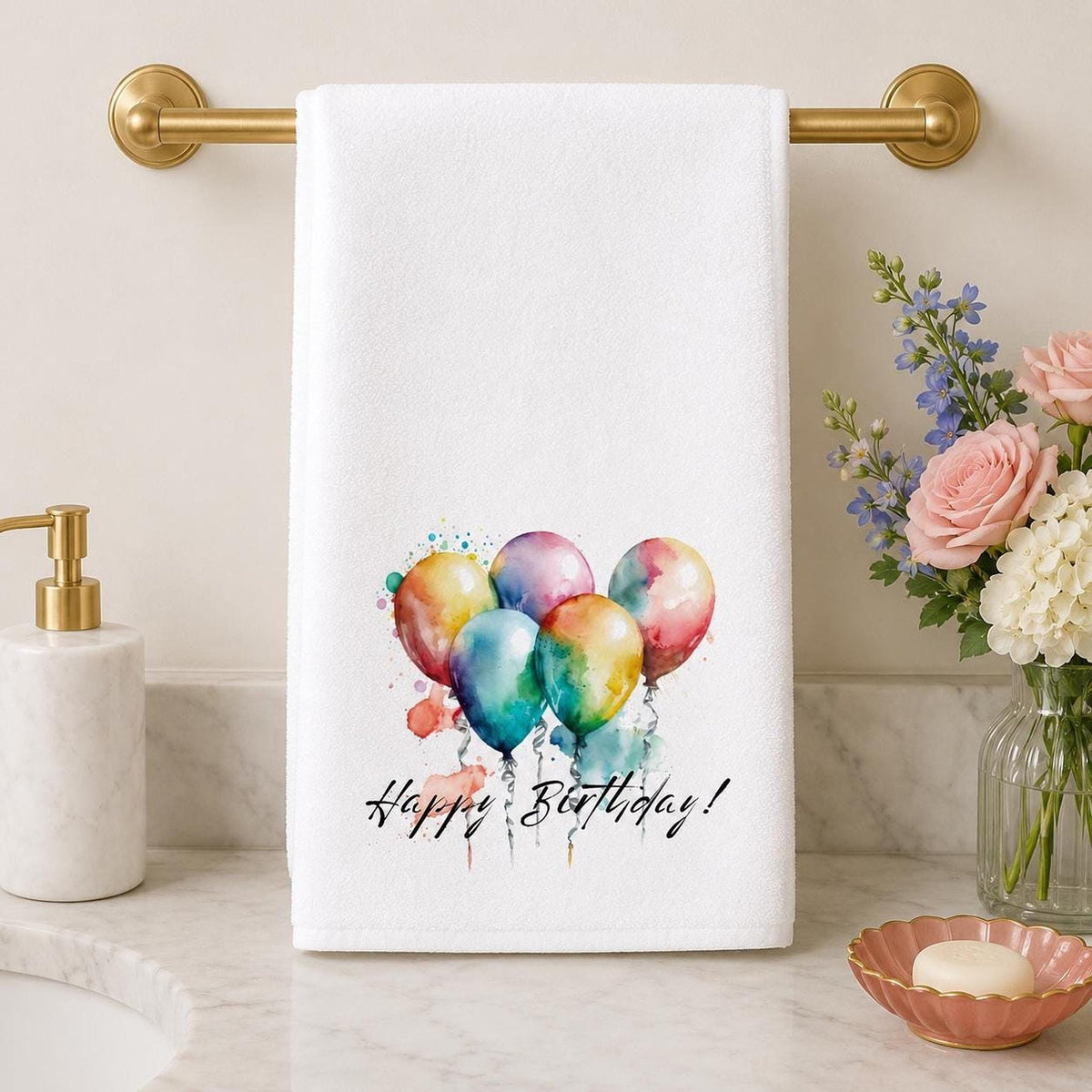 Happy Birthday Hand Towel, Balloon Bathroom Decor, Celebration Guest Bath Accent, Party Gift