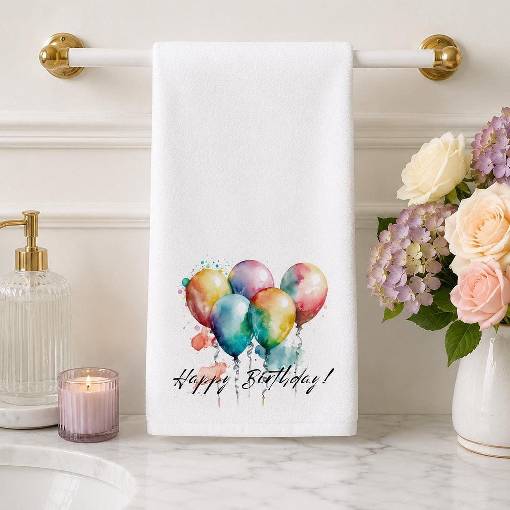 Happy Birthday Hand Towel, Balloon Bathroom Decor, Celebration Guest Bath Accent, Party Gift