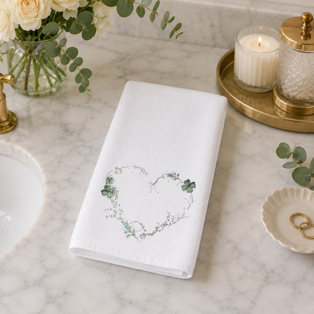 Powder Room Decor, Clover Green Floral Heart Hand Towel, 15 x 25