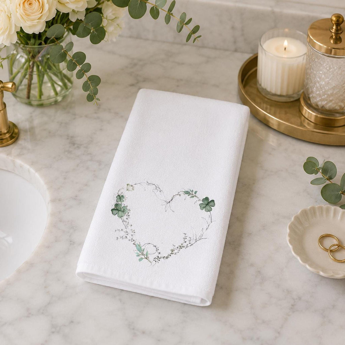 Powder Room Decor, Clover Green Floral Heart Hand Towel, 15 x 25