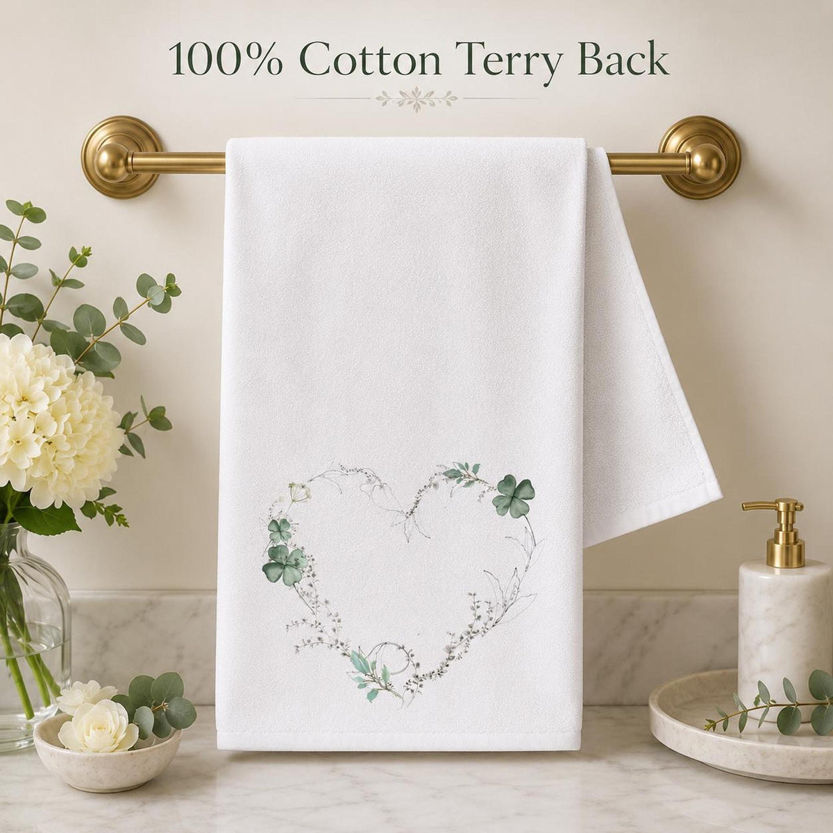 Powder Room Decor, Clover Green Floral Heart Hand Towel, 15 x 25