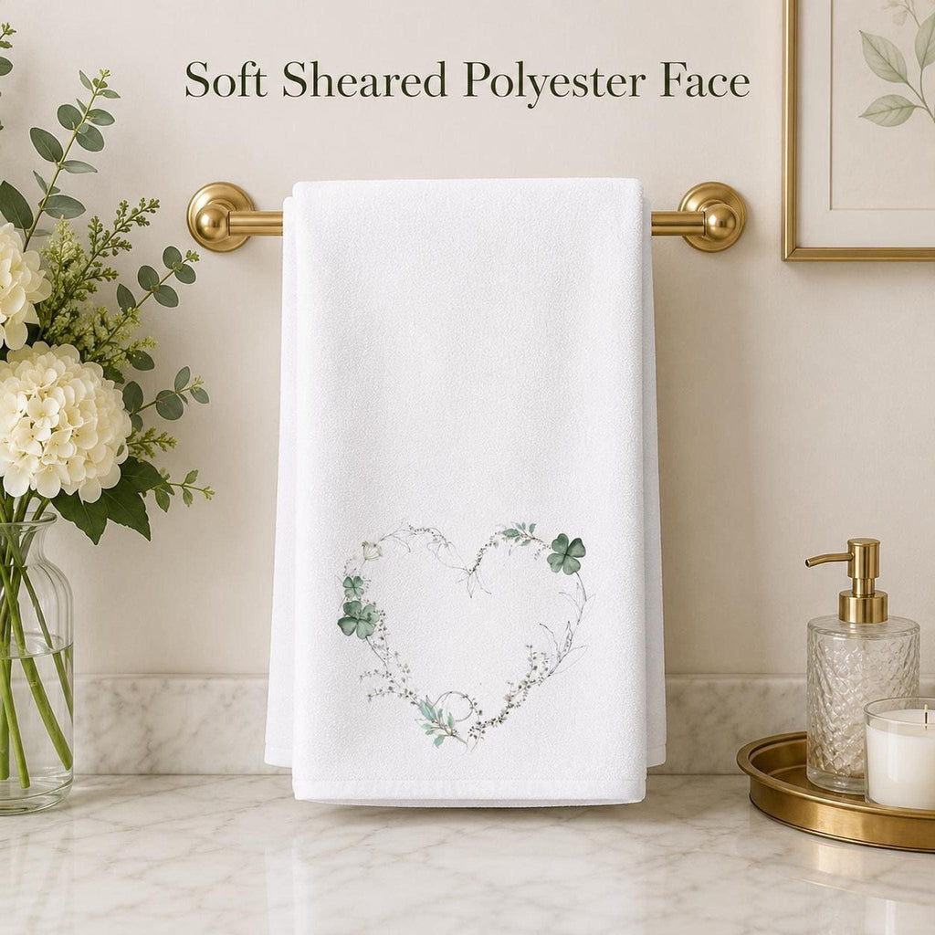 Powder Room Decor, Clover Green Floral Heart Hand Towel, 15 x 25