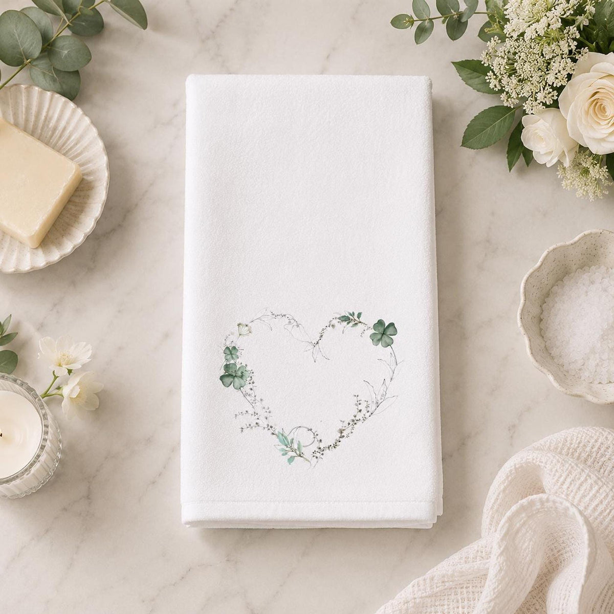 Powder Room Decor, Clover Green Floral Heart Hand Towel, 15 x 25