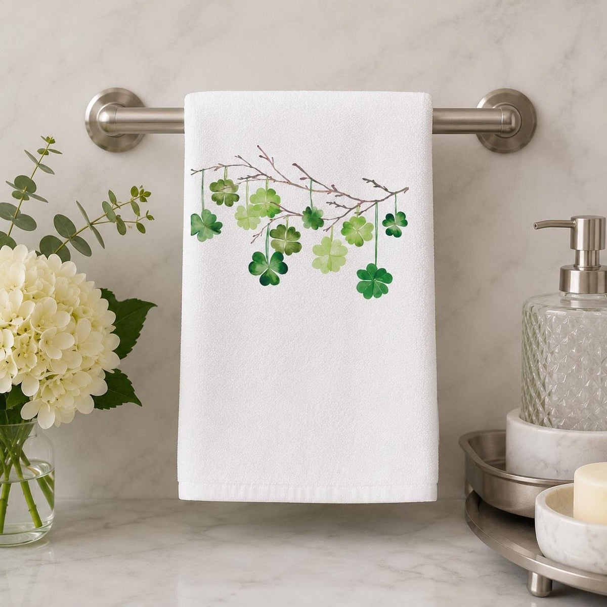 Celtic Housewarming Shamrock Hand Towel, White Cotton Terry Back