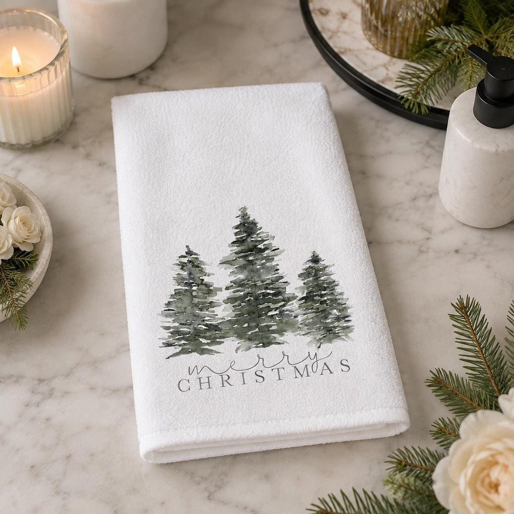 Christmas Hand Towel with Evergreen Trees, Cotton Terrycloth Holiday Bath Decor