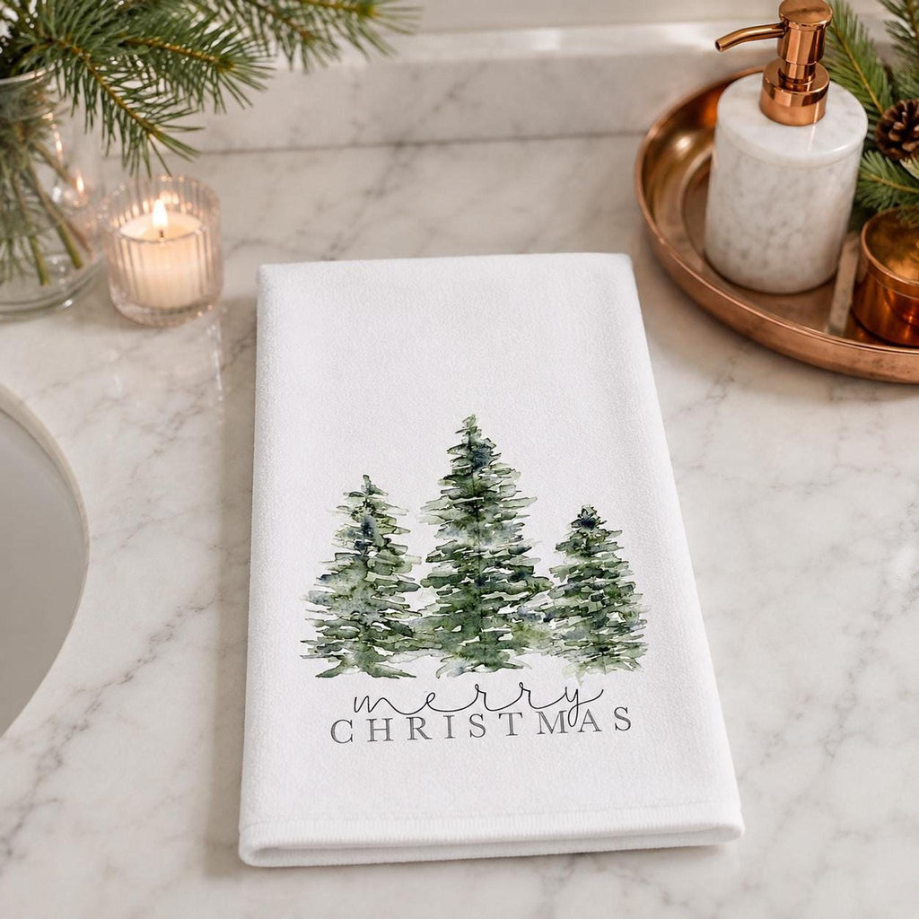 Christmas Hand Towel with Evergreen Trees, Cotton Terrycloth Holiday Bath Decor