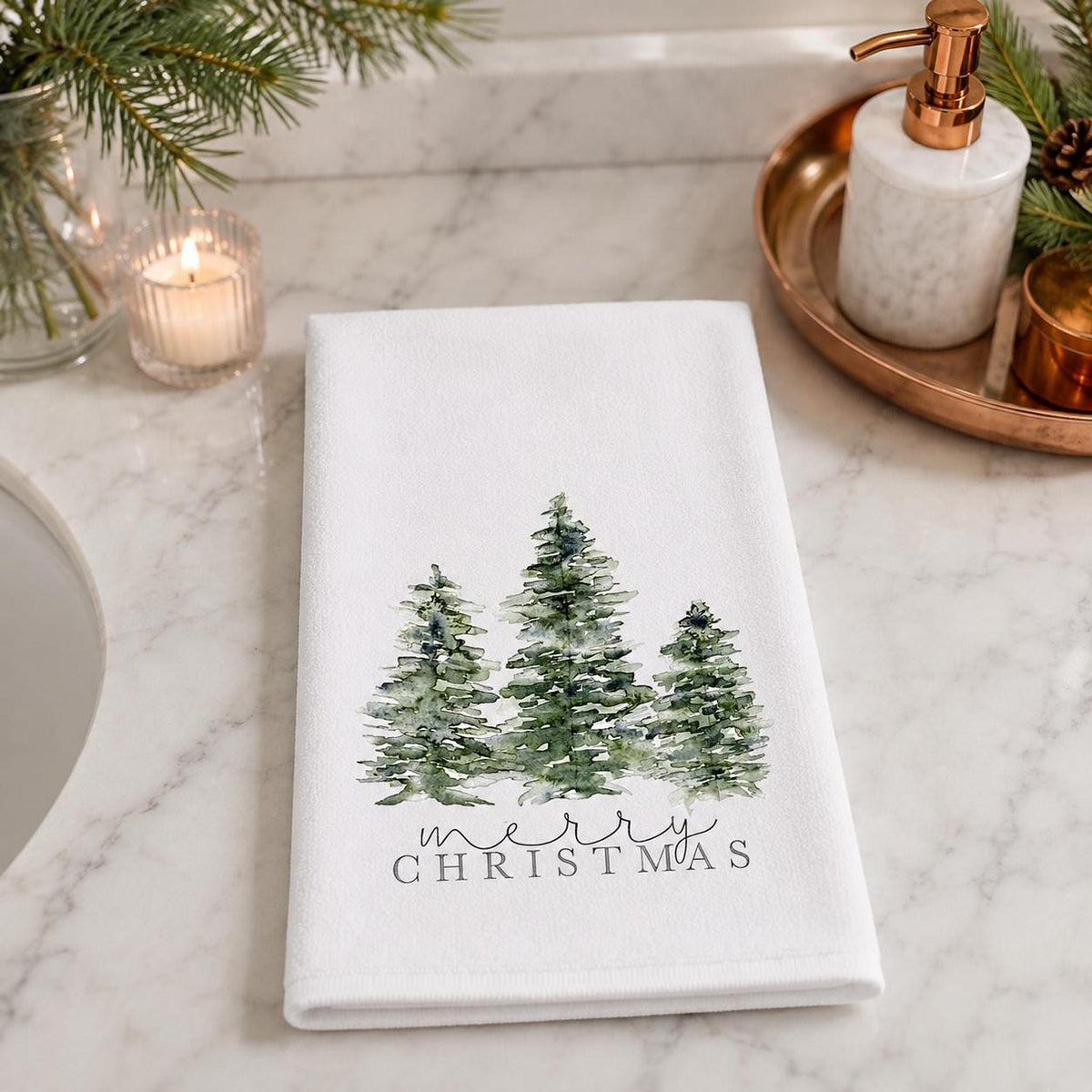 Christmas Hand Towel with Evergreen Trees, Cotton Terrycloth Holiday Bath Decor