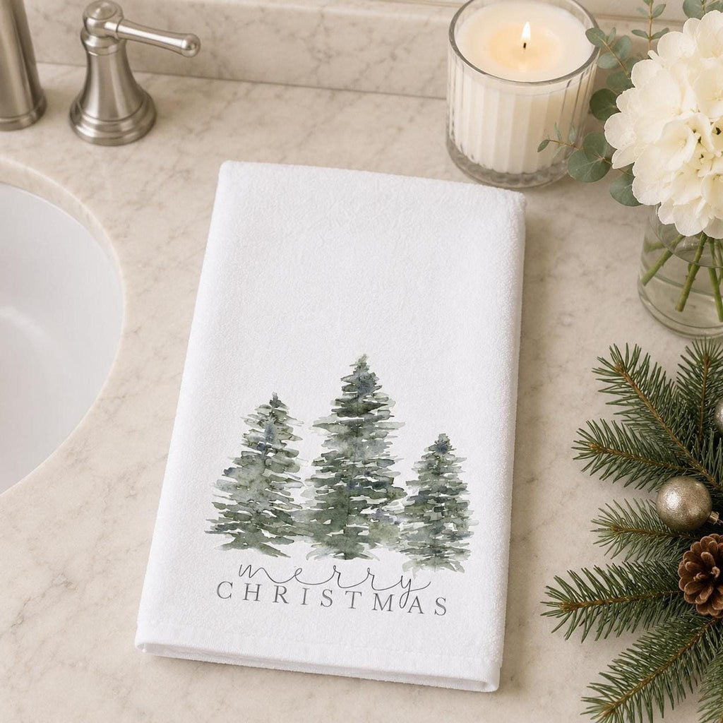 Christmas Hand Towel with Evergreen Trees, Cotton Terrycloth Holiday Bath Decor