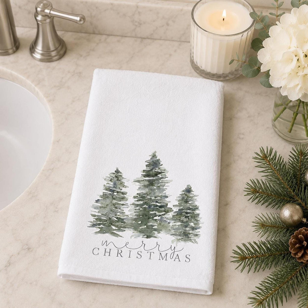 Christmas Hand Towel with Evergreen Trees, Cotton Terrycloth Holiday Bath Decor