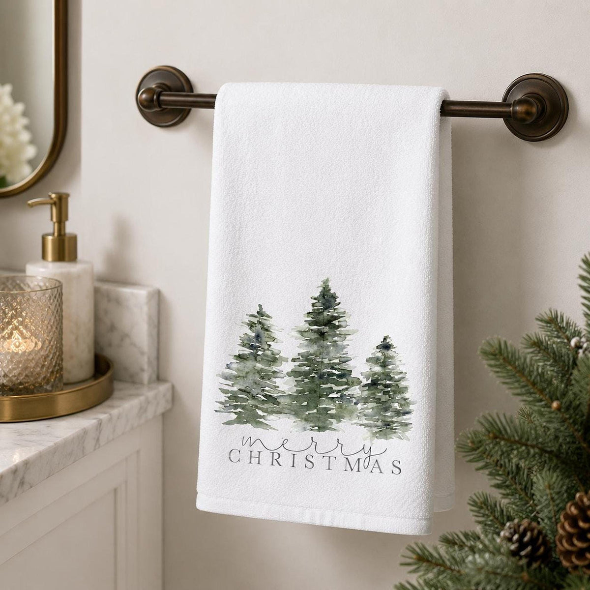 Christmas Hand Towel with Evergreen Trees, Cotton Terrycloth Holiday Bath Decor