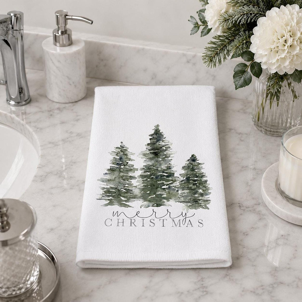 Christmas Hand Towel with Evergreen Trees, Cotton Terrycloth Holiday Bath Decor