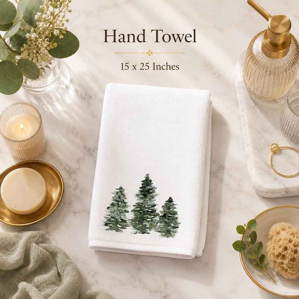 Rustic Greenery Hand Towel, White Pine Tree Decor, Cotton Terry Cloth