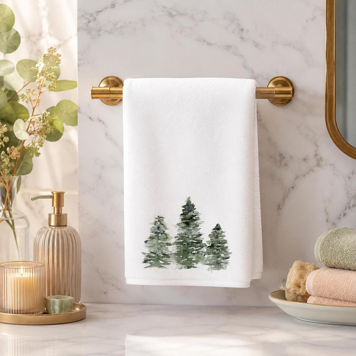 Rustic Greenery Hand Towel, White Pine Tree Decor, Cotton Terry Cloth