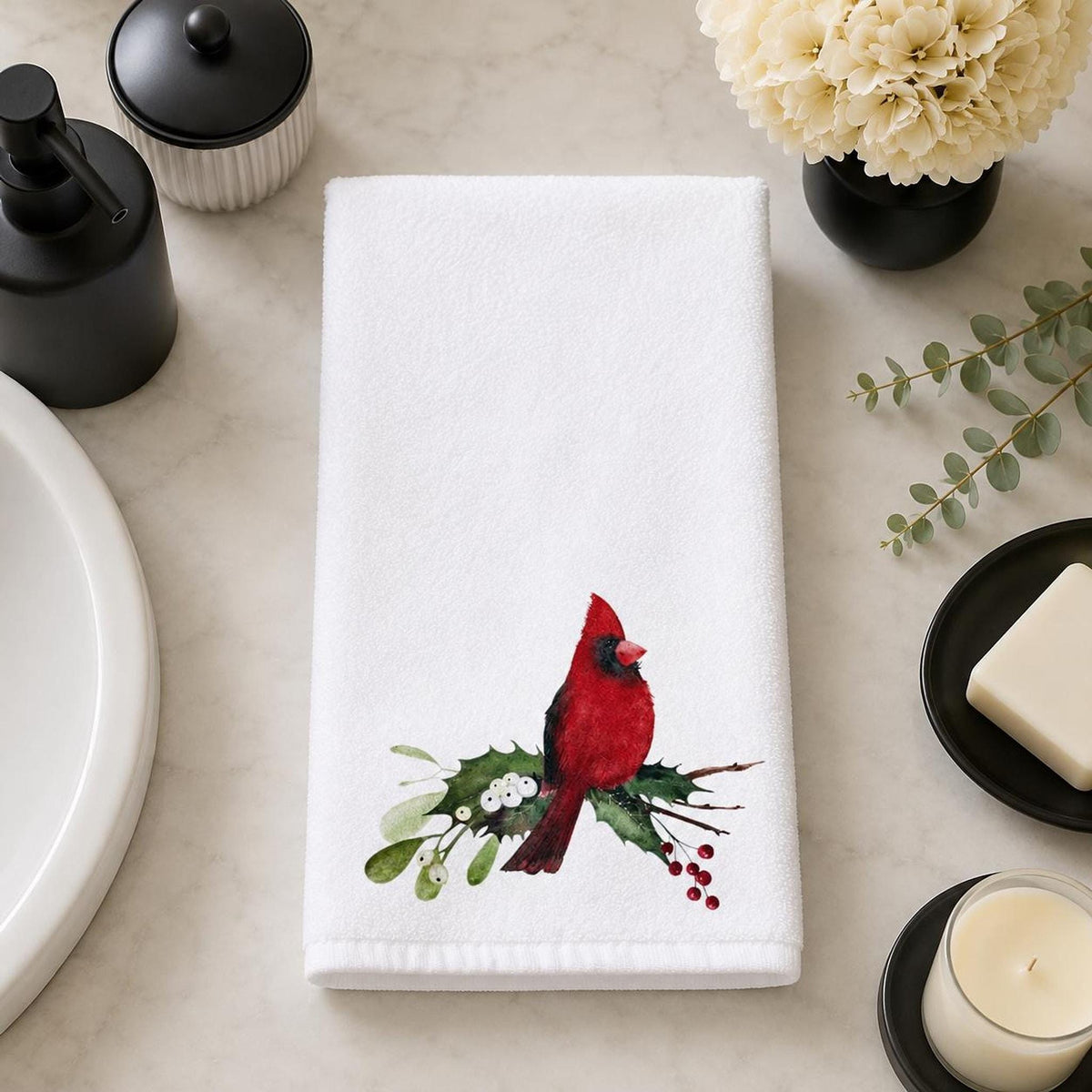 Christmas Hand Towel with Cardinal Design, Sheared Polyester & Cotton Terrycloth