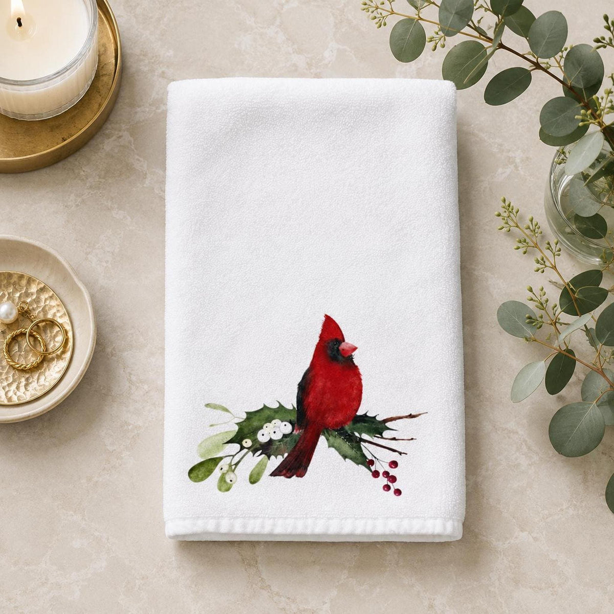 Christmas Hand Towel with Cardinal Design, Sheared Polyester & Cotton Terrycloth