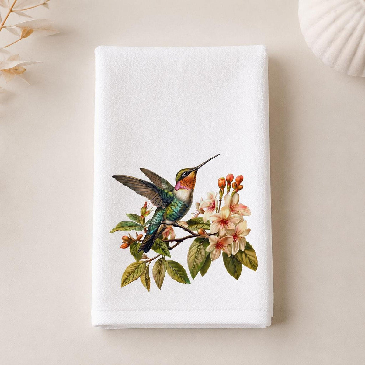 Hummingbird Fingertip Towel, Floral Guest Bath Decor, Botanical Bird Accent, Nature Lover Gift