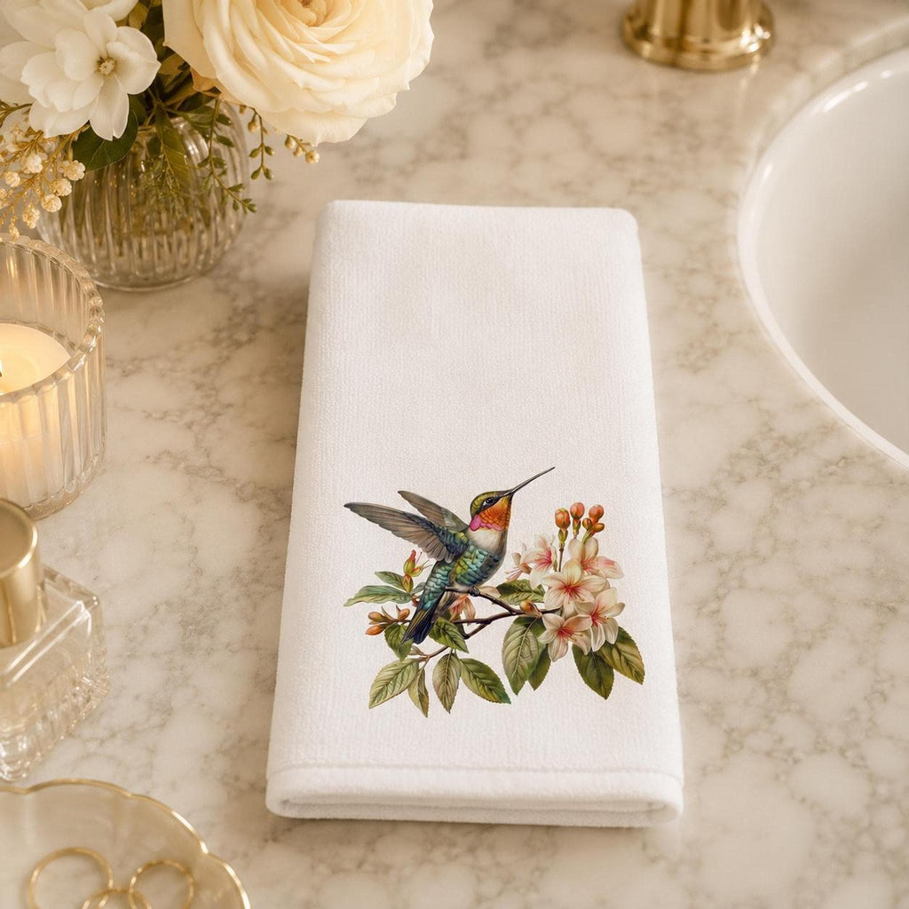 Hummingbird Fingertip Towel, Floral Guest Bath Decor, Botanical Bird Accent, Nature Lover Gift