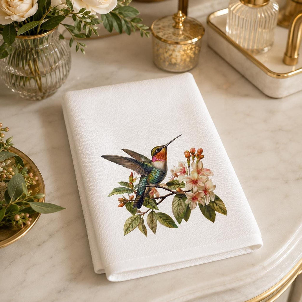 Hummingbird Fingertip Towel, Floral Guest Bath Decor, Botanical Bird Accent, Nature Lover Gift