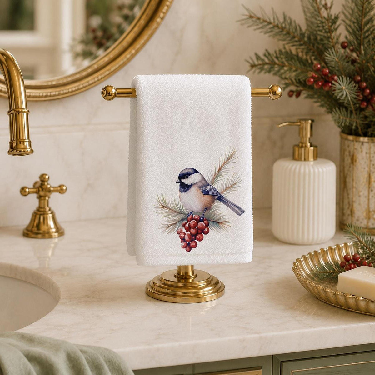 Fingertip Towel, Chickadee Winter Berry Design, 11 x 18 Inch Powder Room Decor