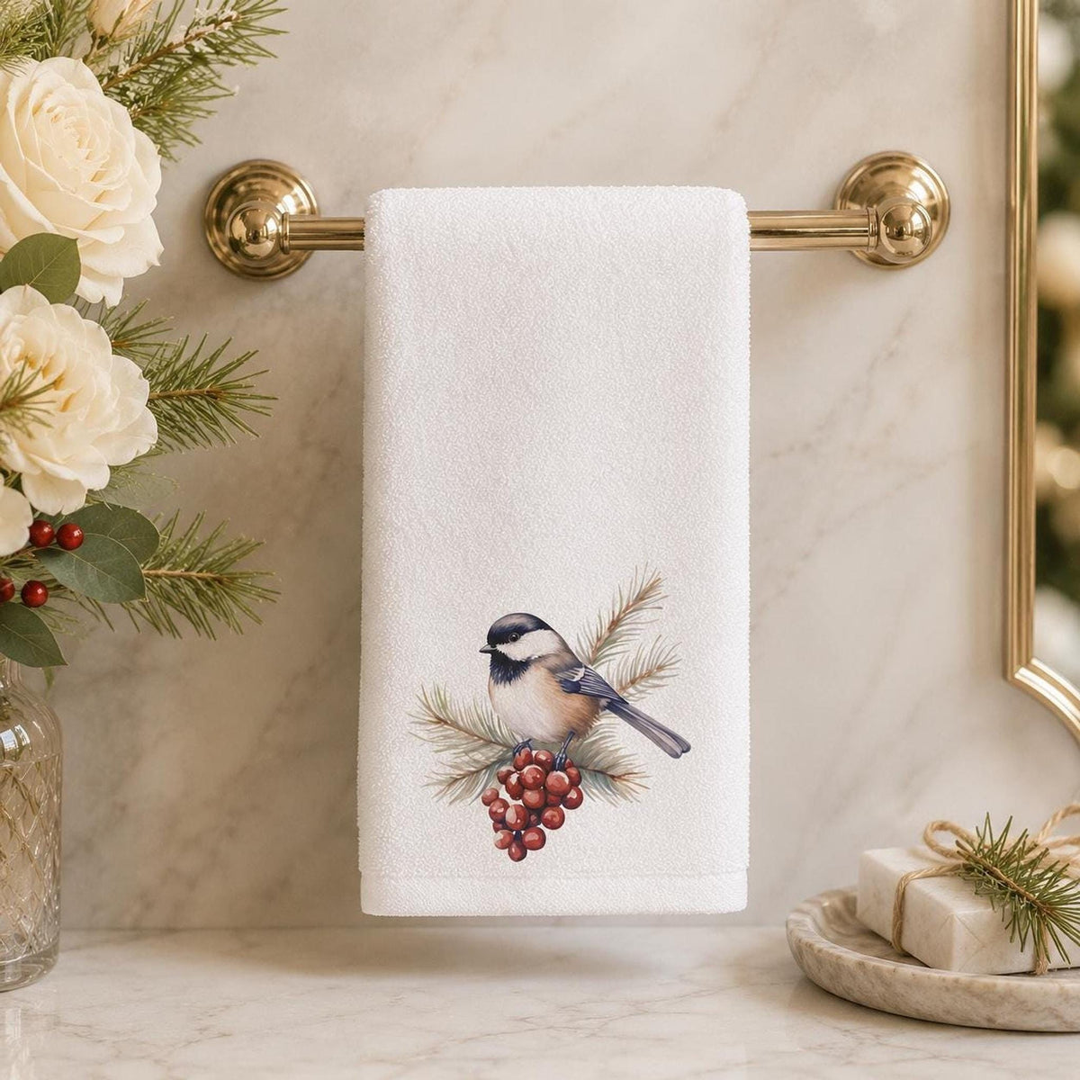 Fingertip Towel, Chickadee Winter Berry Design, 11 x 18 Inch Powder Room Decor