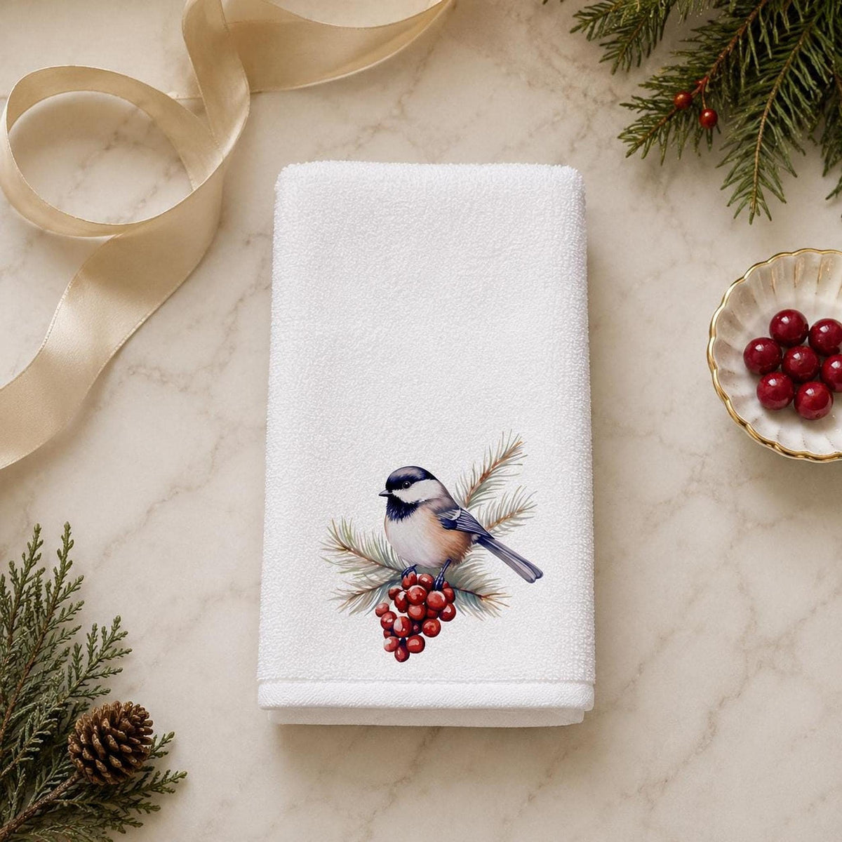 Fingertip Towel, Chickadee Winter Berry Design, 11 x 18 Inch Powder Room Decor