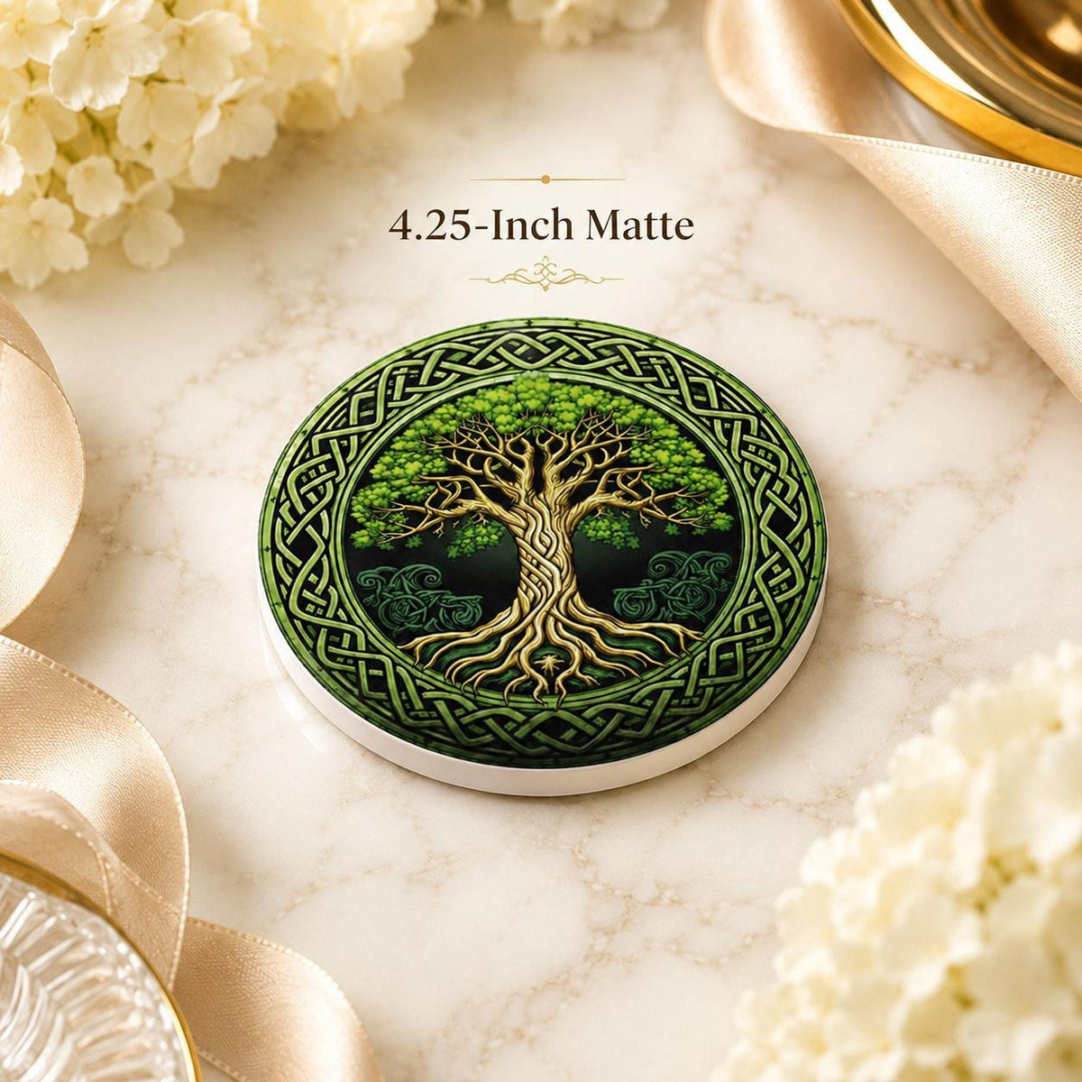Celtic Coaster, Green Gold Ceramic Round Drink Mat