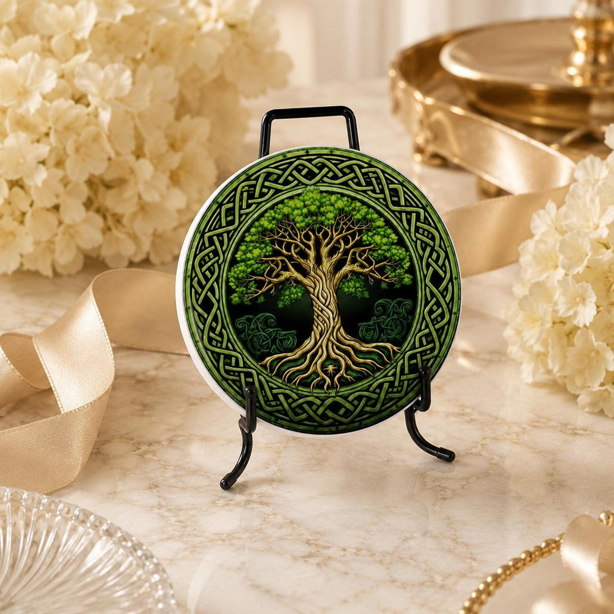 Celtic Coaster, Green Gold Ceramic Round Drink Mat