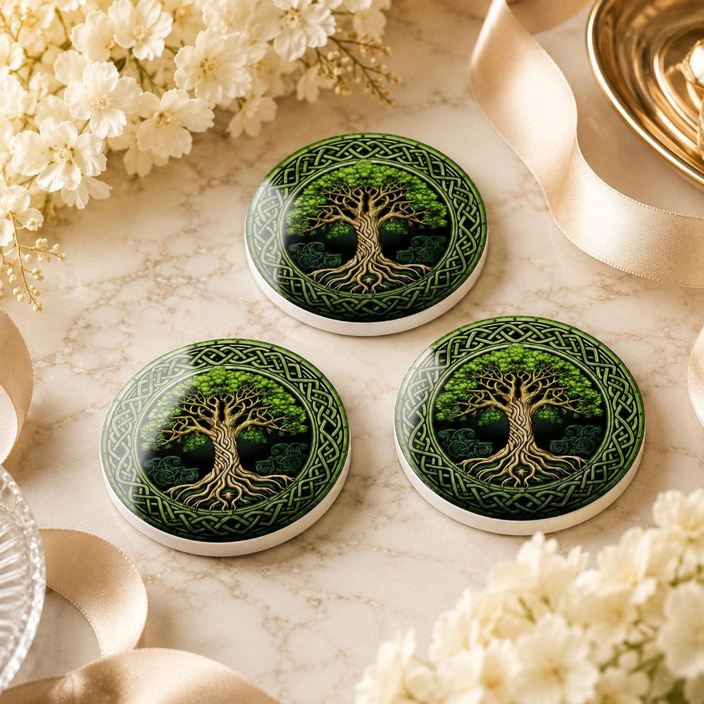 Celtic Coaster, Green Gold Ceramic Round Drink Mat