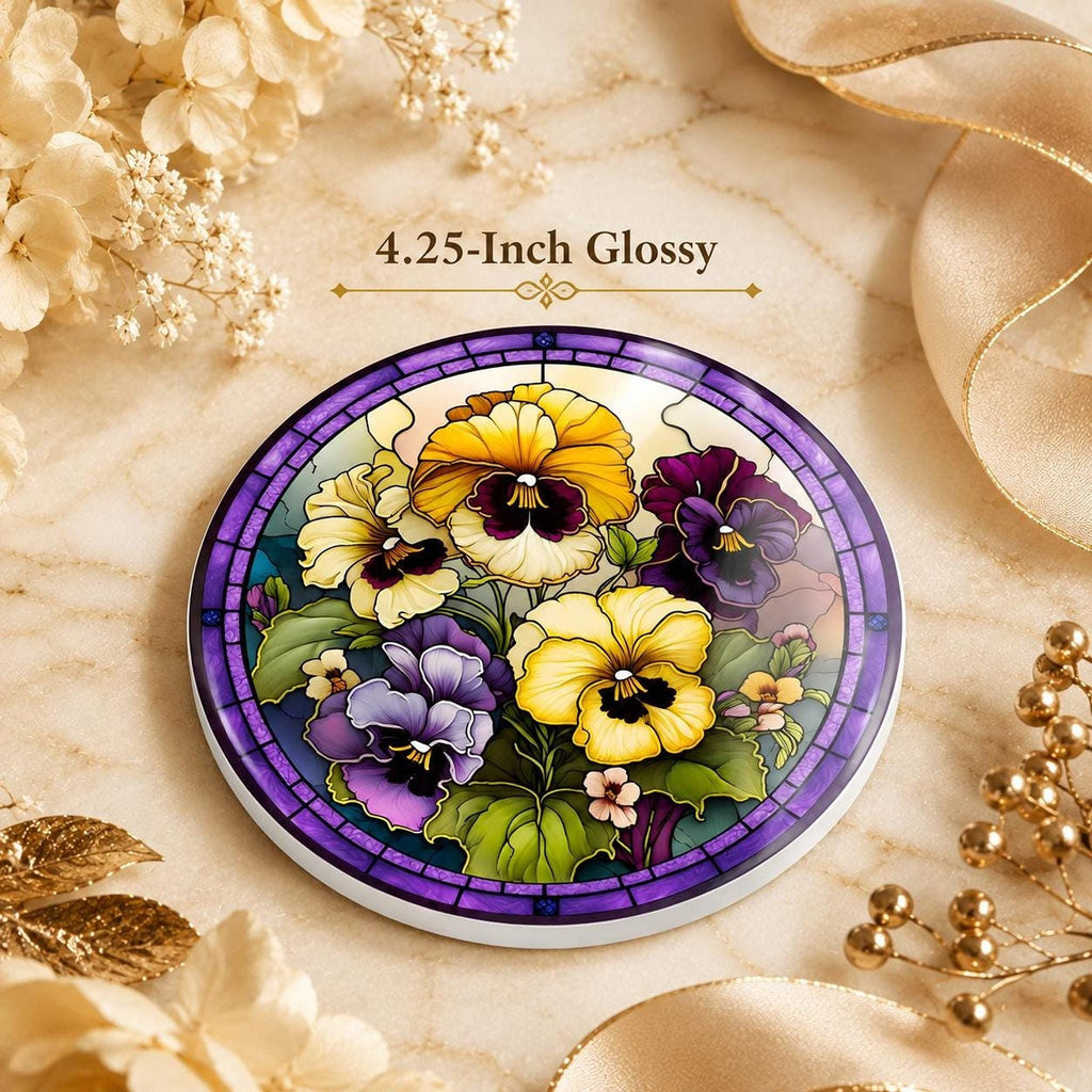 Desk Coaster, Purple Ceramic Pansy Artwork with Cork Backing