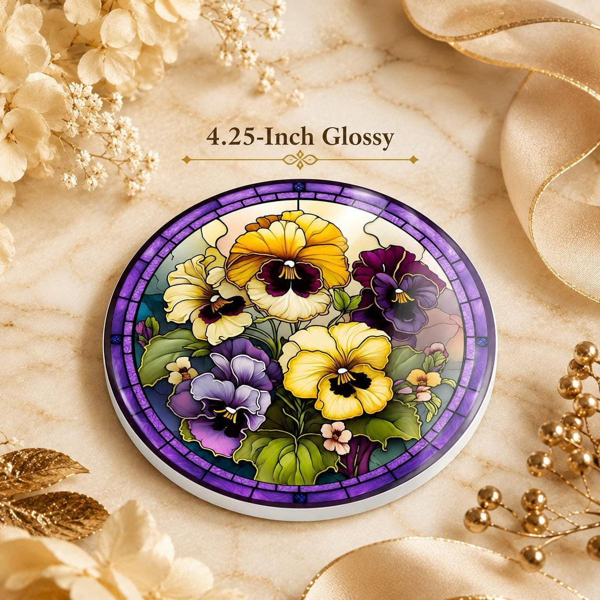 Desk Coaster, Purple Ceramic Pansy Artwork with Cork Backing