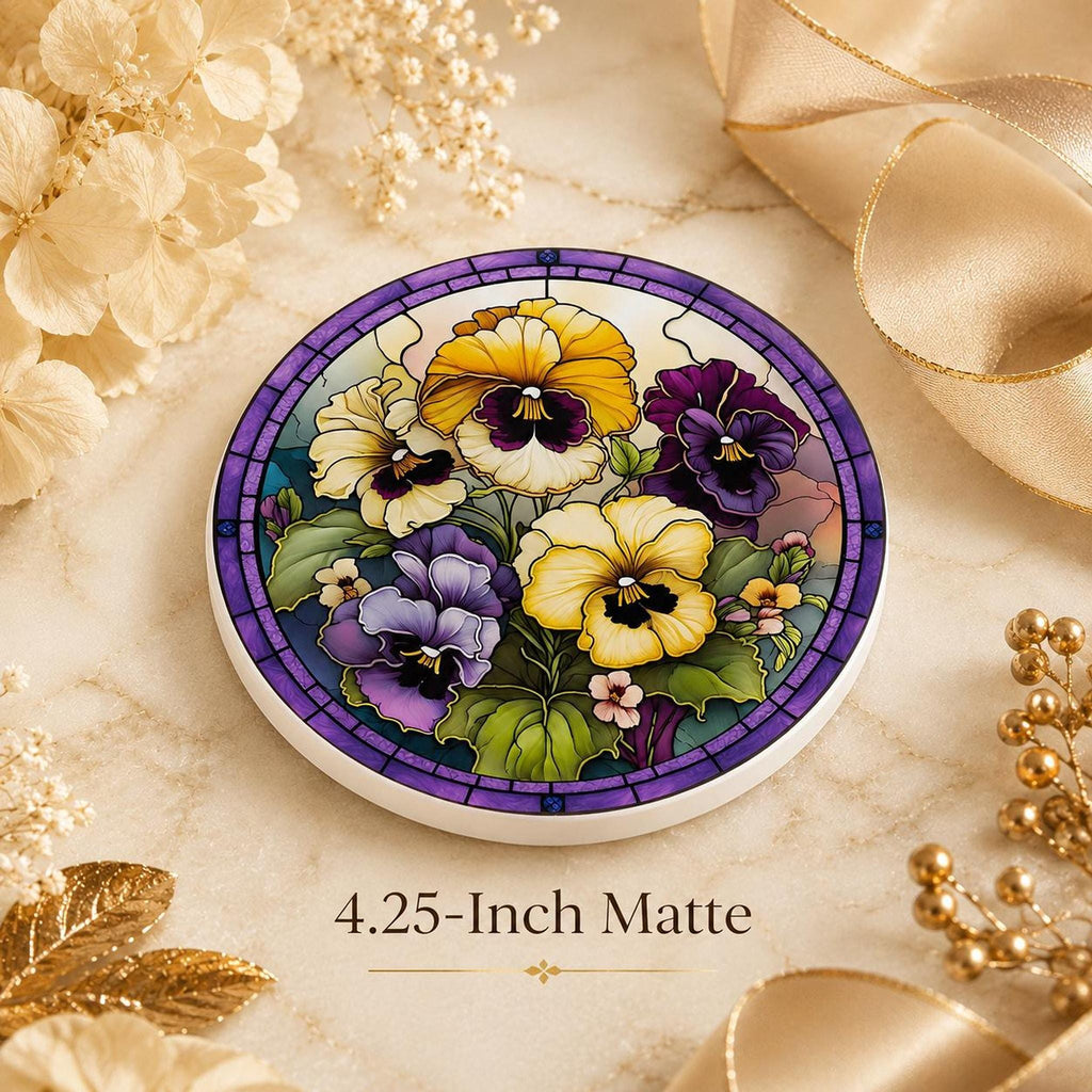 Desk Coaster, Purple Ceramic Pansy Artwork with Cork Backing