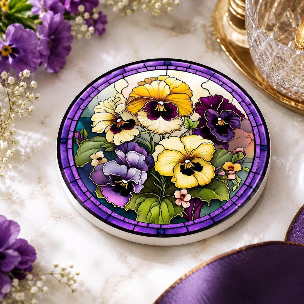 Desk Coaster, Purple Ceramic Pansy Artwork with Cork Backing