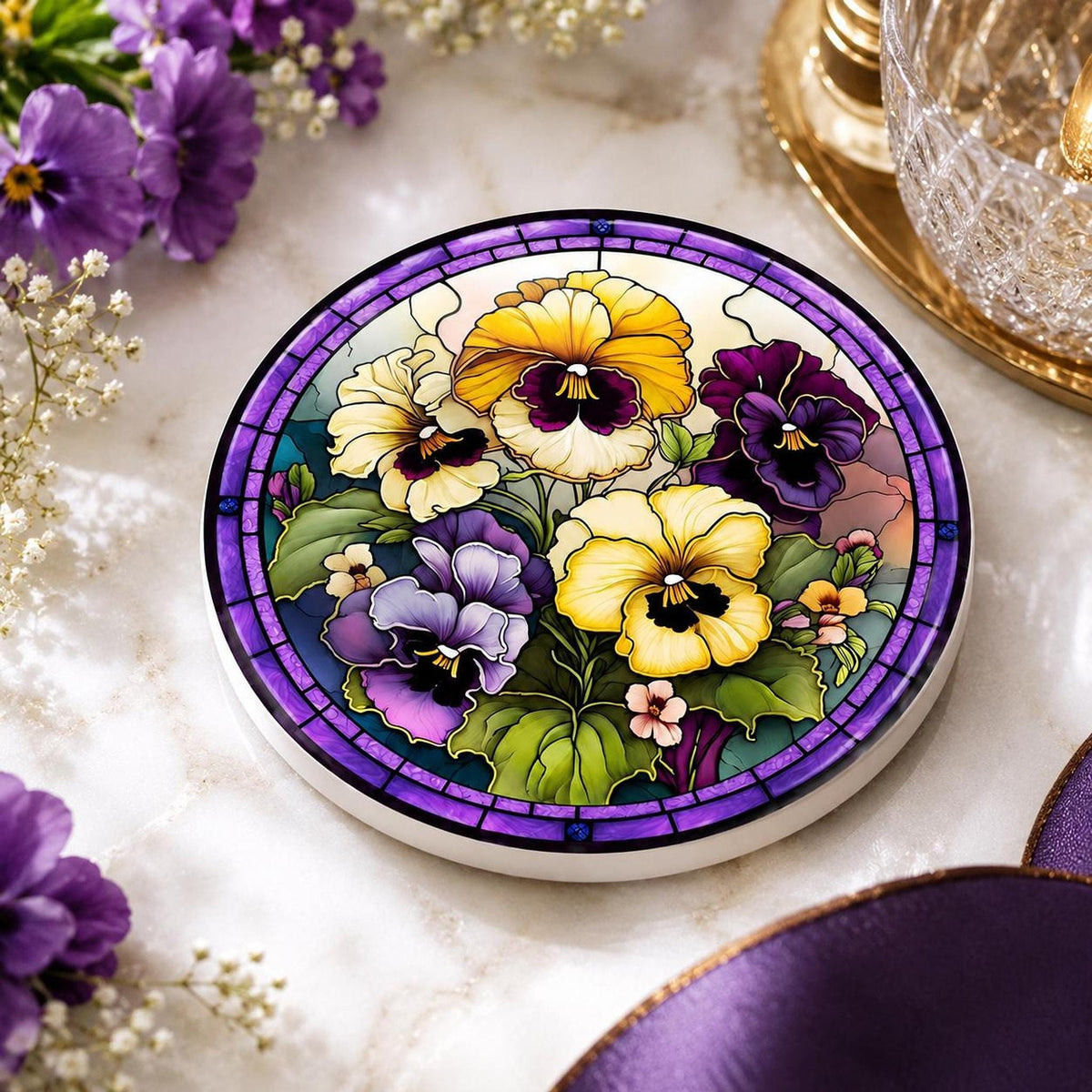 Desk Coaster, Purple Ceramic Pansy Artwork with Cork Backing