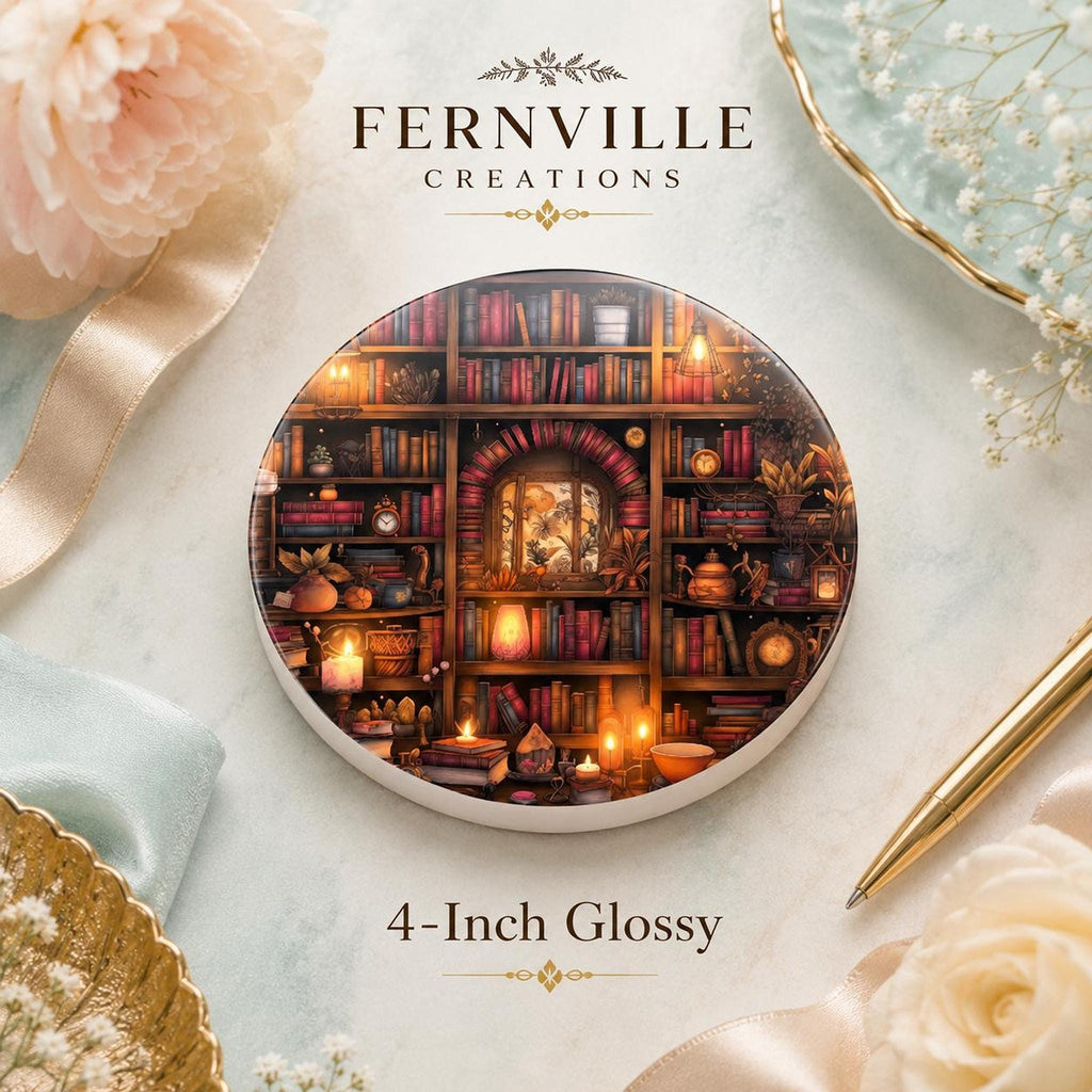 Reading Nook Accent Ceramic Coaster, Round Library Design