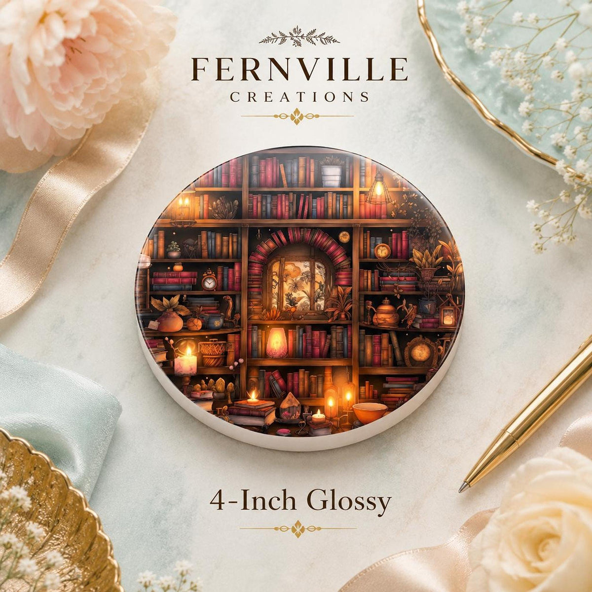 Reading Nook Accent Ceramic Coaster, Round Library Design