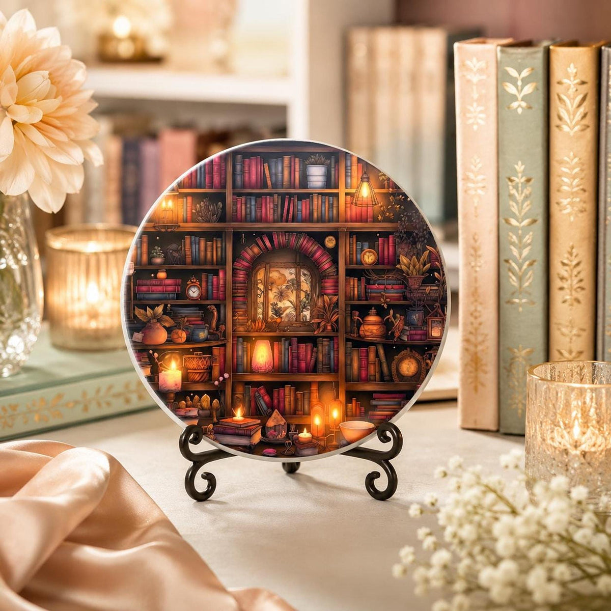 Reading Nook Accent Ceramic Coaster, Round Library Design