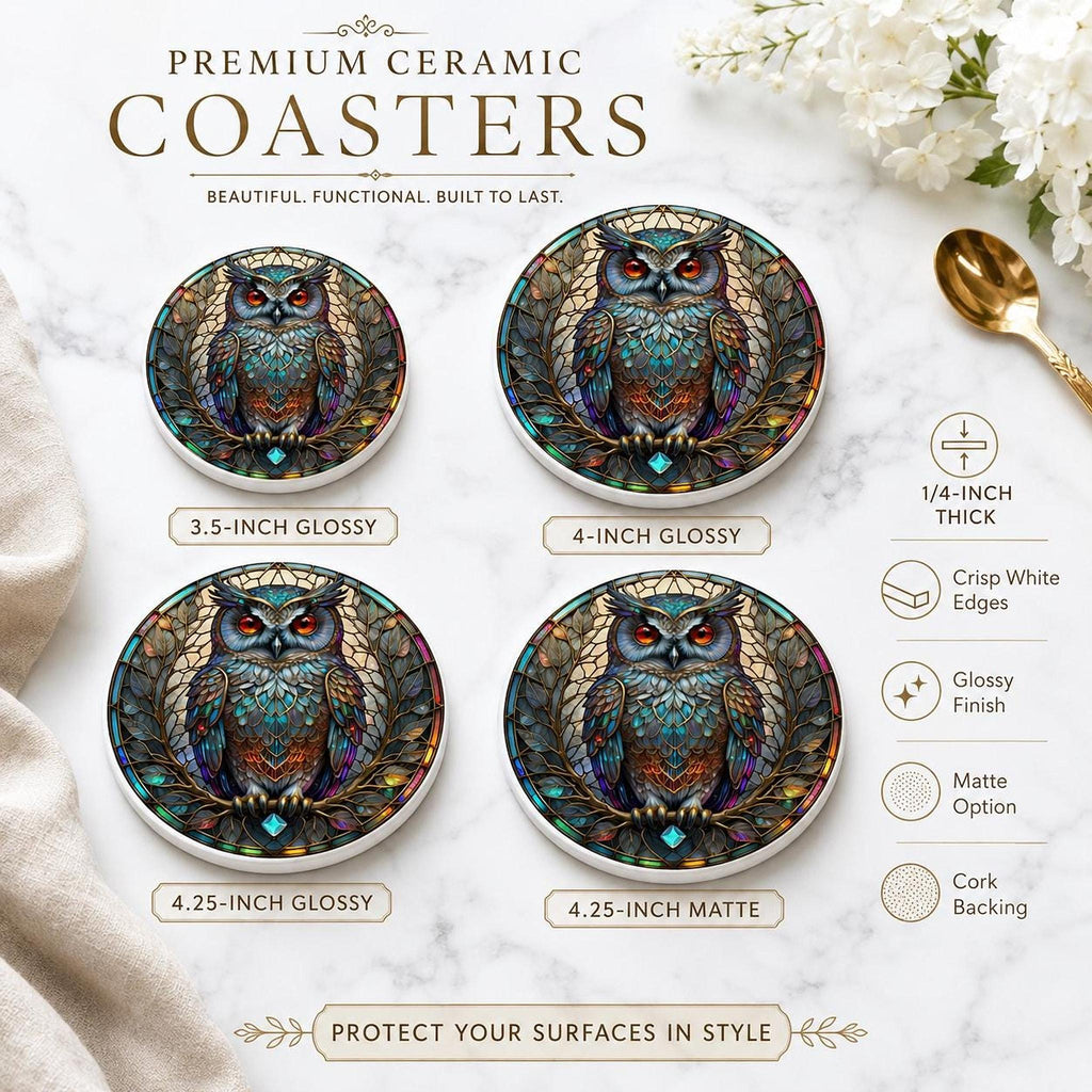 Desk Drink Coaster, Jewel-Toned Ceramic Owl Design with Cork Backing