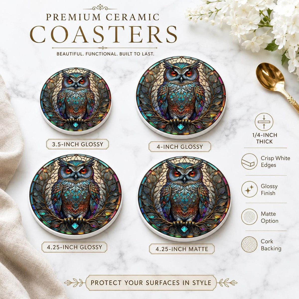 Desk Drink Coaster, Jewel-Toned Ceramic Owl Design with Cork Backing