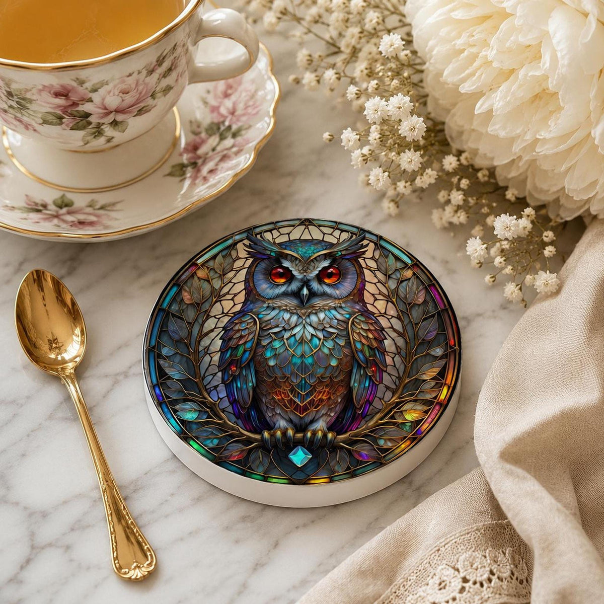 Desk Drink Coaster, Jewel-Toned Ceramic Owl Design with Cork Backing