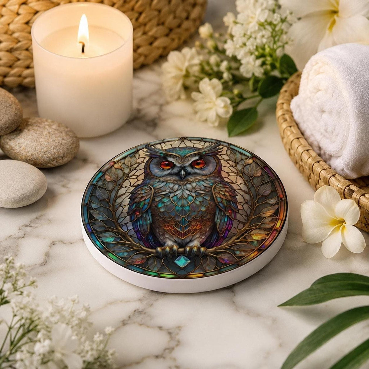 Desk Drink Coaster, Jewel-Toned Ceramic Owl Design with Cork Backing