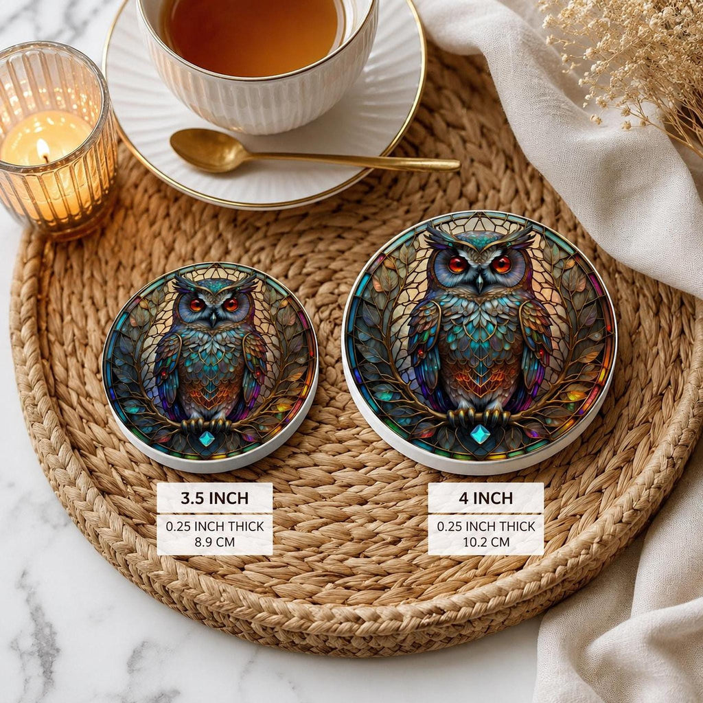 Desk Drink Coaster, Jewel-Toned Ceramic Owl Design with Cork Backing
