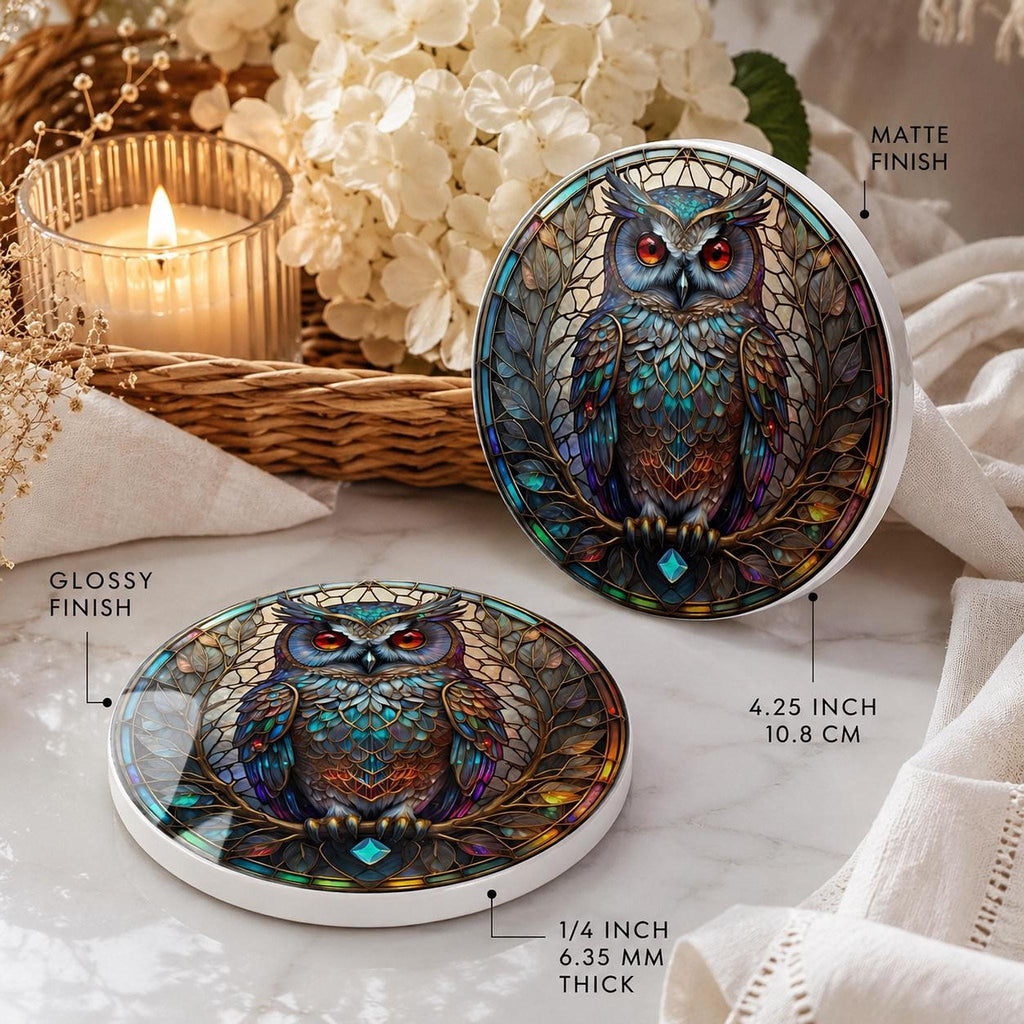 Desk Drink Coaster, Jewel-Toned Ceramic Owl Design with Cork Backing
