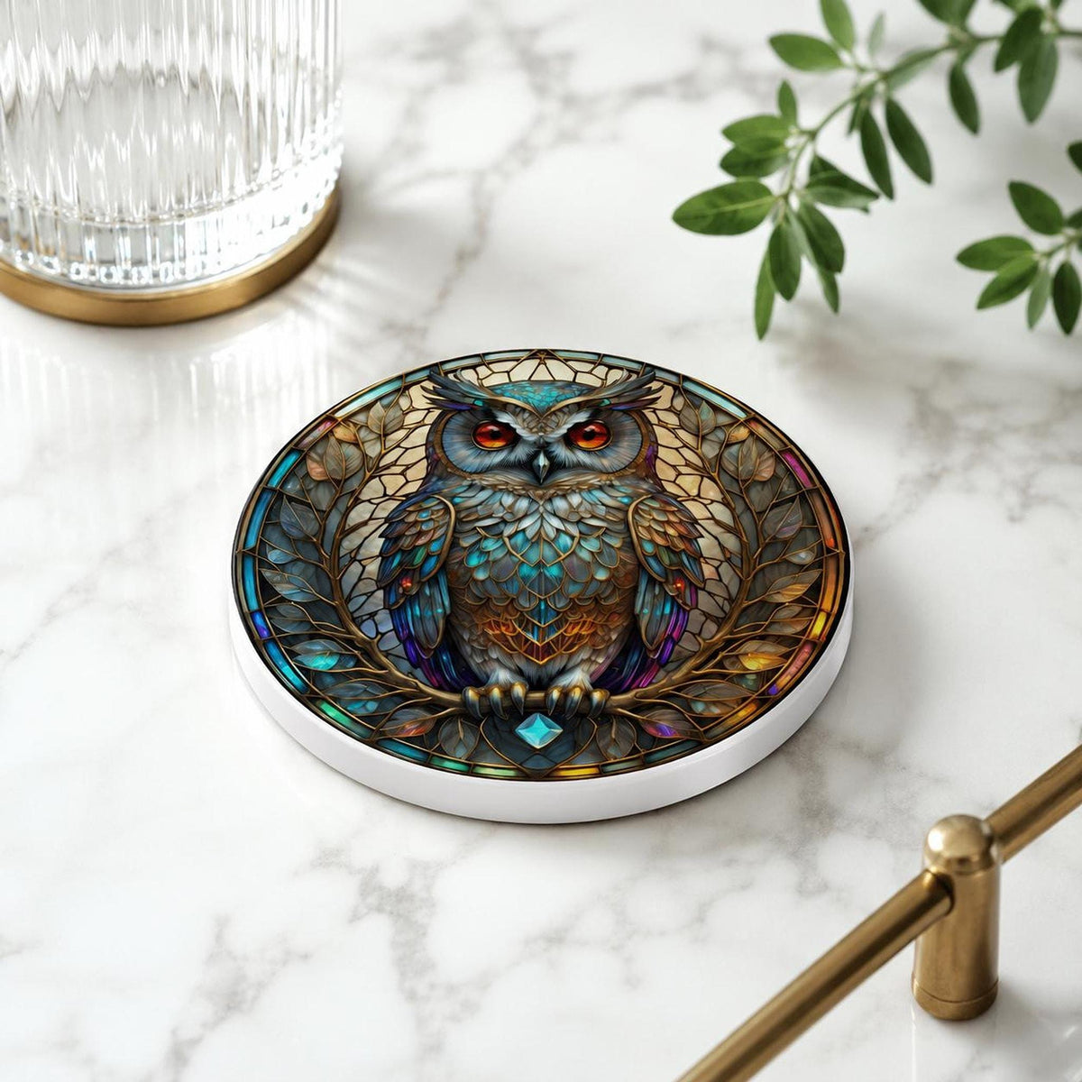 Desk Drink Coaster, Jewel-Toned Ceramic Owl Design with Cork Backing